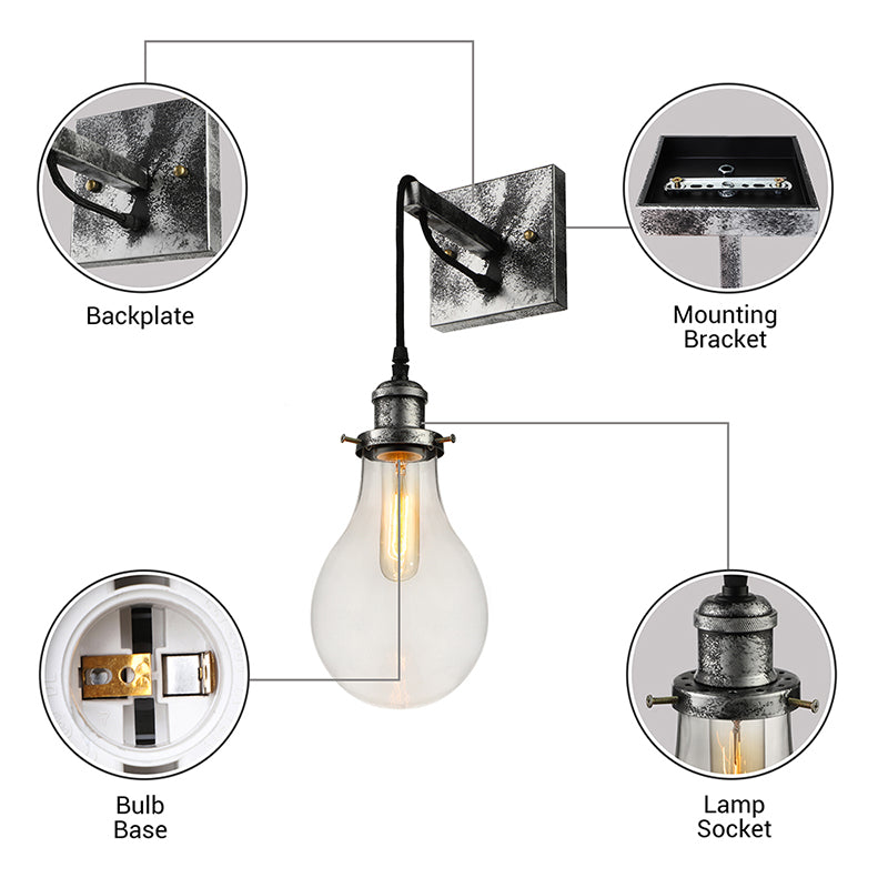 Siopsrl| Black Bulb Shade Wall Light Industrial Clear Glass 1 Light Living Room Wall Lights Fixture