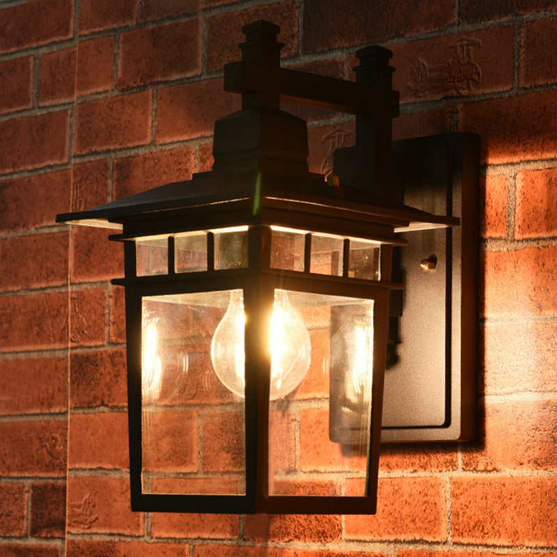 Siopsrl| Lantern Clear Glass Wall Hanging Lamp Industrial Single Bulb Veranda Wall Light in Black