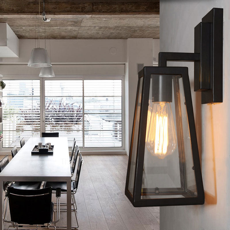 Siopsrl| 1 Bulb Trapezoidal Cage Wall Lamp Industrial Stylish Matt Black Metal Wall Mount Light for Living Room