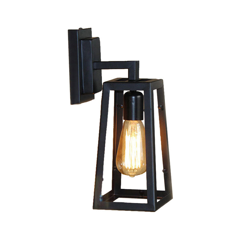 Siopsrl| 1 Bulb Trapezoidal Cage Wall Lamp Industrial Stylish Matt Black Metal Wall Mount Light for Living Room