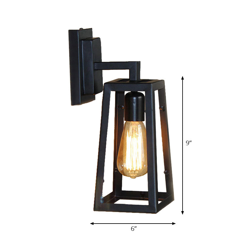 Siopsrl| 1 Bulb Trapezoidal Cage Wall Lamp Industrial Stylish Matt Black Metal Wall Mount Light for Living Room