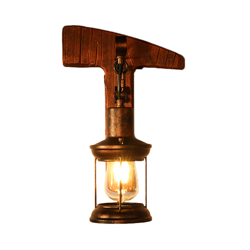 Siopsrl| Rust One-Light Wall Light Coastal Clear Glass Lantern Lighting Fixture with Wood Back Plate