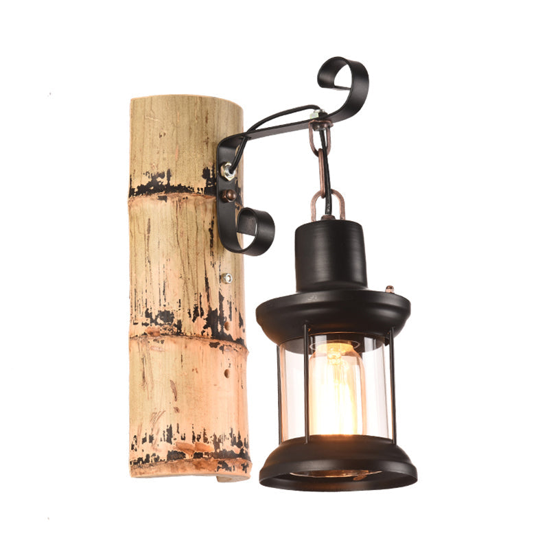 Siopsrl| A wall lamp with a clear glass lantern in industrial style, wall lamp for the dining room in black with a bamboo backplate