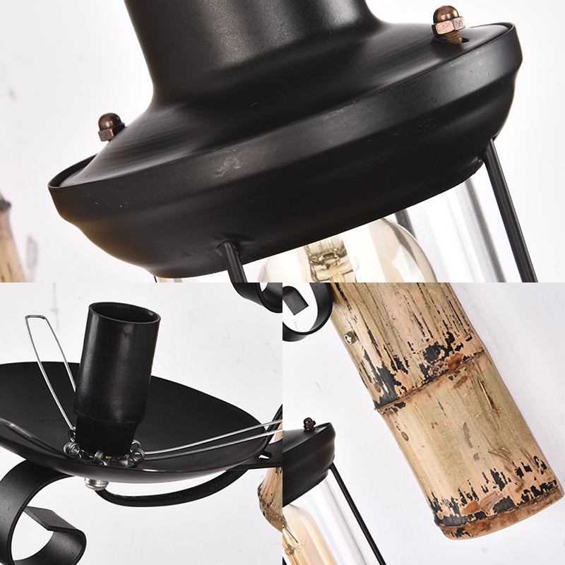 Siopsrl| A wall lamp with a clear glass lantern in industrial style, wall lamp for the dining room in black with a bamboo backplate