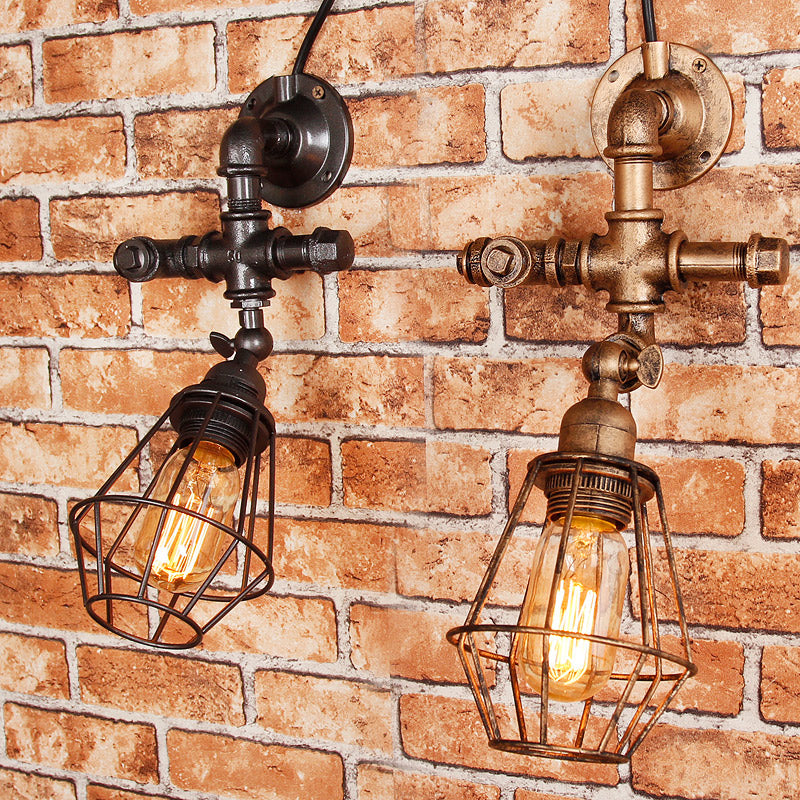 Siopsrl| Diamond Cage Iron Wall Mount Light with Pipe Design Industrial Style 1 Bulb Bedroom Wall Lighting in Antique Brass/Silver
