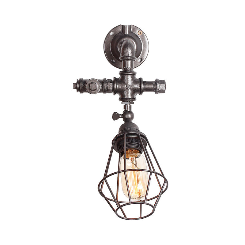 Siopsrl| Diamond Cage Iron Wall Mount Light with Pipe Design Industrial Style 1 Bulb Bedroom Wall Lighting in Antique Brass/Silver