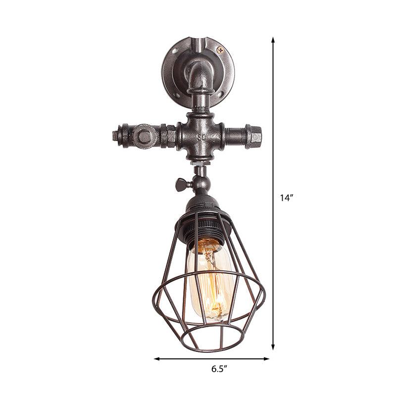 Siopsrl| Diamond Cage Iron Wall Mount Light with Pipe Design Industrial Style 1 Bulb Bedroom Wall Lighting in Antique Brass/Silver