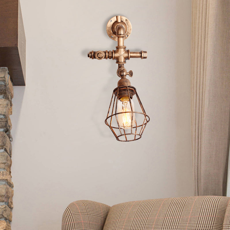 Siopsrl| Diamond Cage Iron Wall Mount Light with Pipe Design Industrial Style 1 Bulb Bedroom Wall Lighting in Antique Brass/Silver