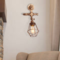Siopsrl| Diamond Cage Iron Wall Mount Light with Pipe Design Industrial Style 1 Bulb Bedroom Wall Lighting in Antique Brass/Silver