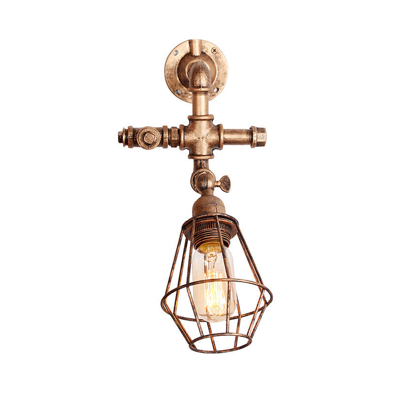 Siopsrl| Diamond Cage Iron Wall Mount Light with Pipe Design Industrial Style 1 Bulb Bedroom Wall Lighting in Antique Brass/Silver
