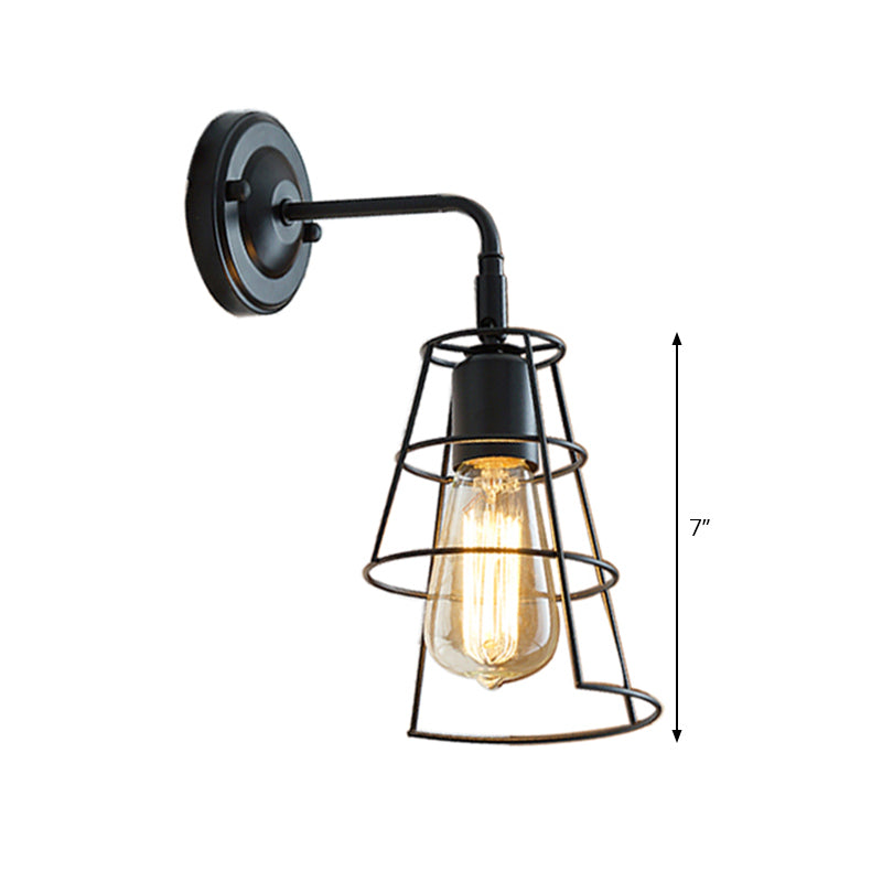 Siopsrl| Vintage Style Conic Cage Wall Lamp with Curved Arm 1 Light Metal Wall Lamp in Black/White