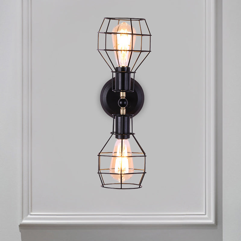 Siopsrl| 2 Heads Metal Wall Lighting Fixture Industrial Black Torpedo Cage Study Wall Mount Light