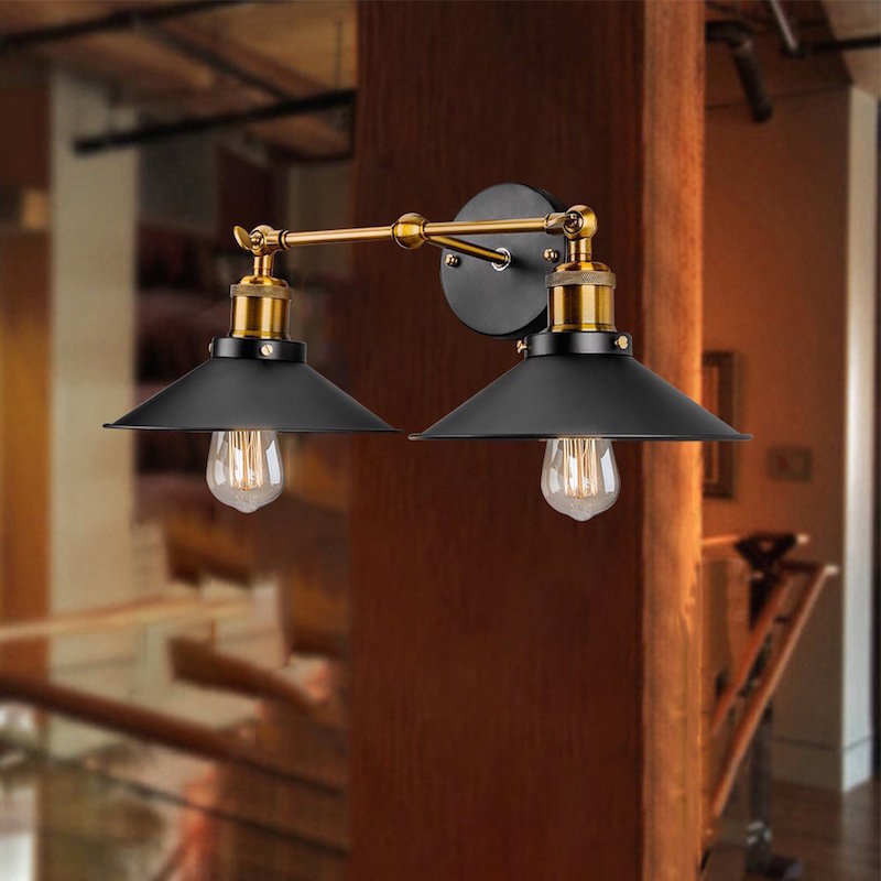 Siopsrl| 2 heads wall light industrial stylish tapered shade metal wall sconces lighting in black/white for living room