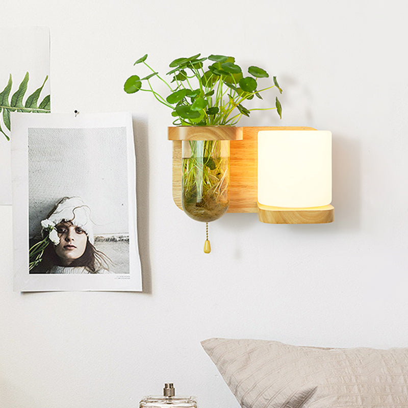 Siopsrl| Wood Globe/Cylinder Wall Sconce Nordic Cream Glass 1 Light Bedroom Wall Lamp with Plant Pot and Pull Chain