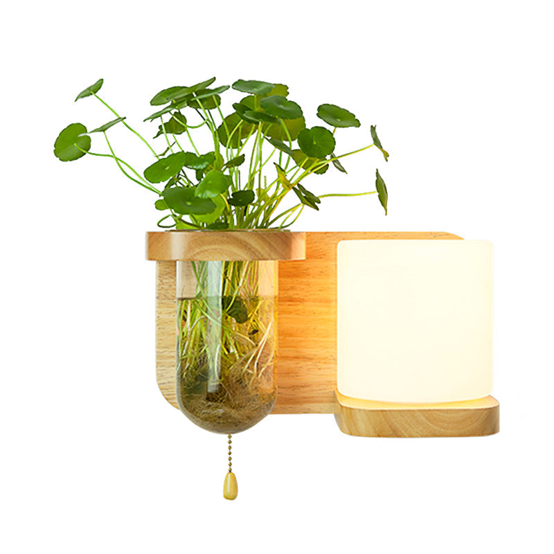 Siopsrl| Wood Globe/Cylinder Wall Sconce Nordic Cream Glass 1 Light Bedroom Wall Lamp with Plant Pot and Pull Chain