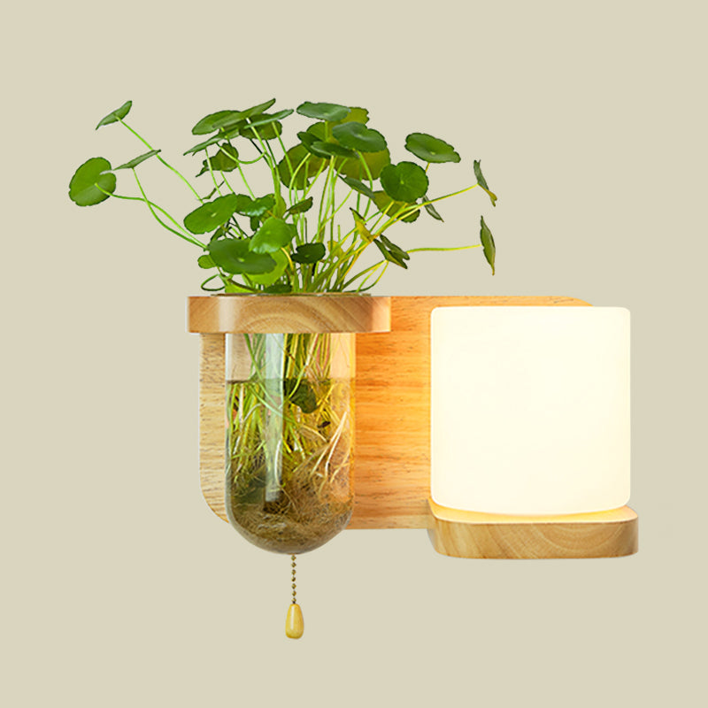 Siopsrl| Wood Globe/Cylinder Wall Sconce Nordic Cream Glass 1 Light Bedroom Wall Lamp with Plant Pot and Pull Chain