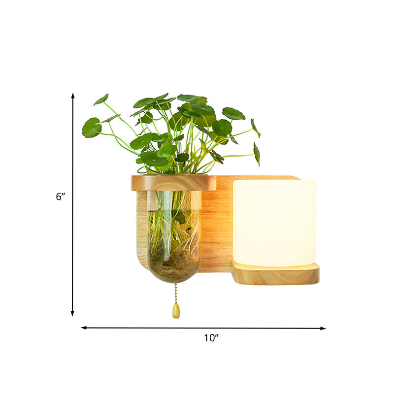 Siopsrl| Wood Globe/Cylinder Wall Sconce Nordic Cream Glass 1 Light Bedroom Wall Lamp with Plant Pot and Pull Chain