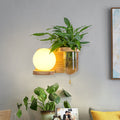 Siopsrl| Wood Globe/Cylinder Wall Sconce Nordic Cream Glass 1 Light Bedroom Wall Lamp with Plant Pot and Pull Chain