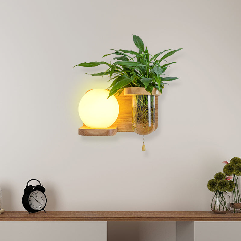 Siopsrl| Wood Globe/Cylinder Wall Sconce Nordic Cream Glass 1 Light Bedroom Wall Lamp with Plant Pot and Pull Chain