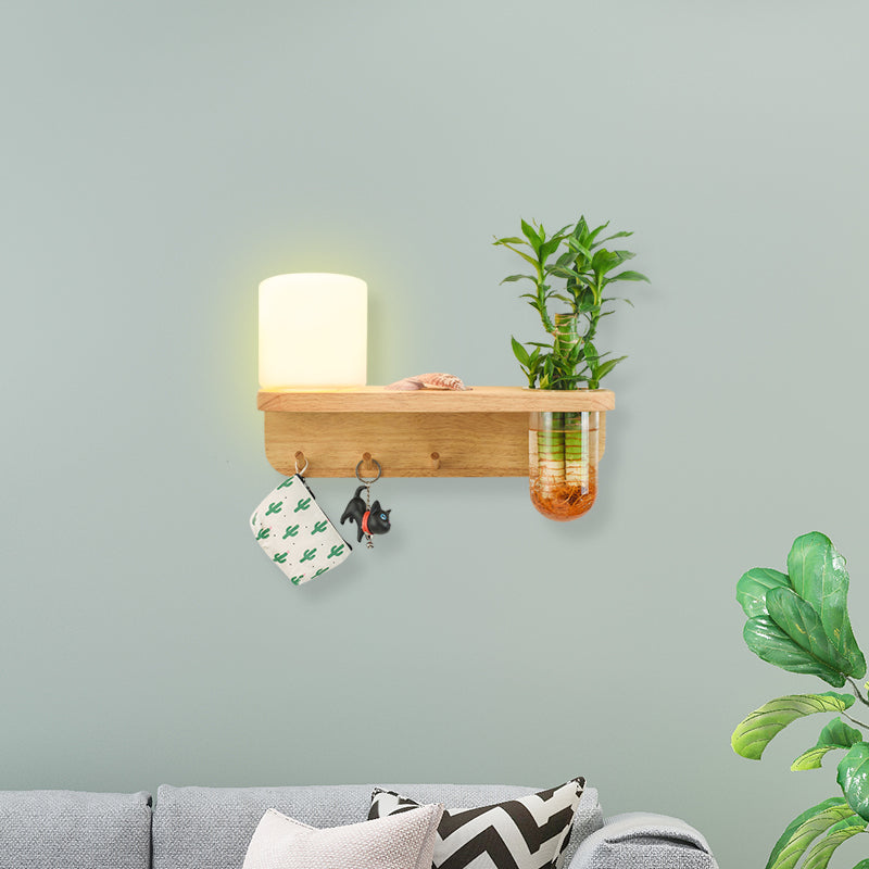Siopsrl| Frosted Glass Wood Wall Light Cylindrical 1-Bulb Industrial Wall Sconce Lamp with Plant Container