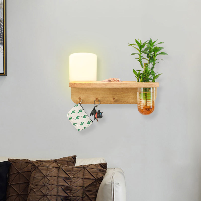 Siopsrl| Frosted Glass Wood Wall Light Cylindrical 1-Bulb Industrial Wall Sconce Lamp with Plant Container