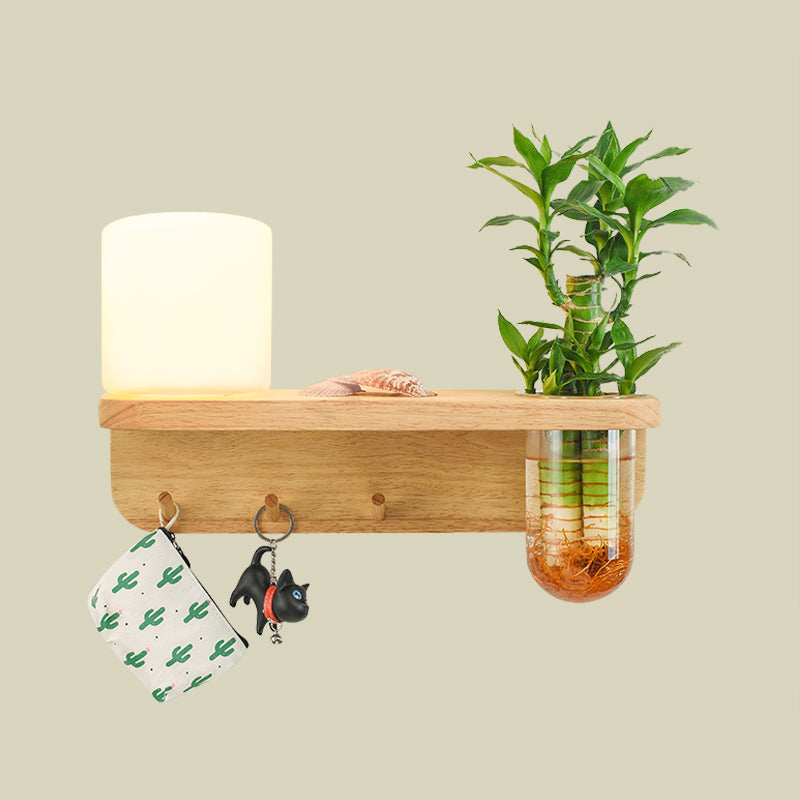 Siopsrl| Frosted Glass Wood Wall Light Cylindrical 1-Bulb Industrial Wall Sconce Lamp with Plant Container