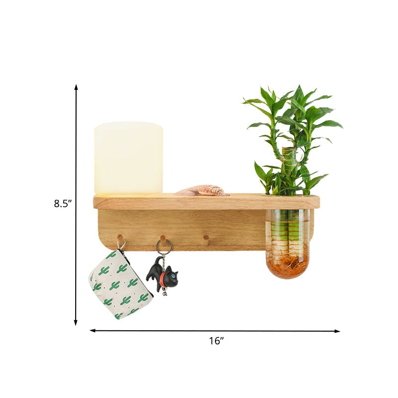 Siopsrl| Frosted Glass Wood Wall Light Cylindrical 1-Bulb Industrial Wall Sconce Lamp with Plant Container