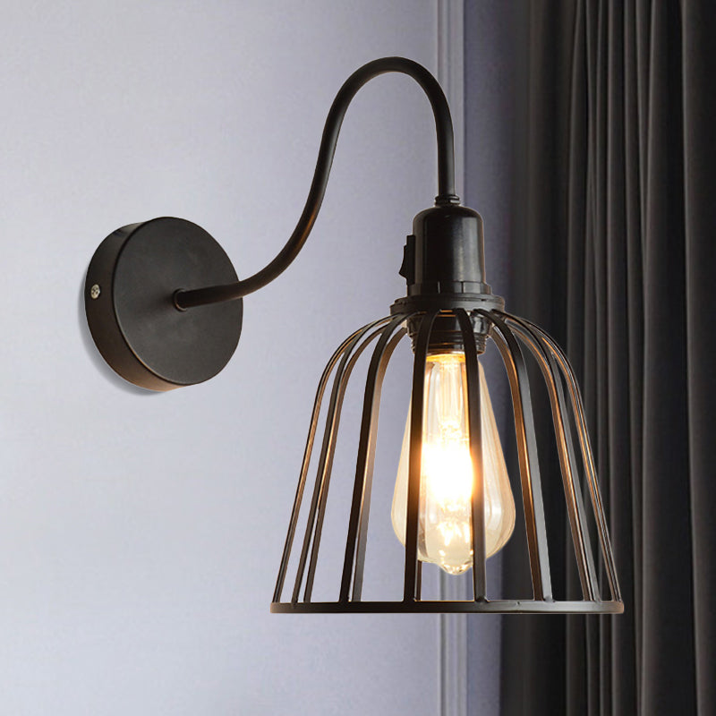 Siopsrl| Gooseneck Arm Metal Wall Light with Bell Cage Shade Retro 1 Light Dining Room Wall Lamp in Black