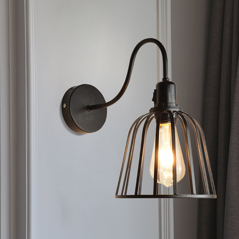 Siopsrl| Gooseneck Arm Metal Wall Light with Bell Cage Shade Retro 1 Light Dining Room Wall Lamp in Black