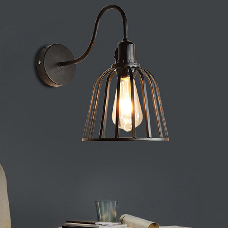 Siopsrl| Gooseneck Arm Metal Wall Light with Bell Cage Shade Retro 1 Light Dining Room Wall Lamp in Black