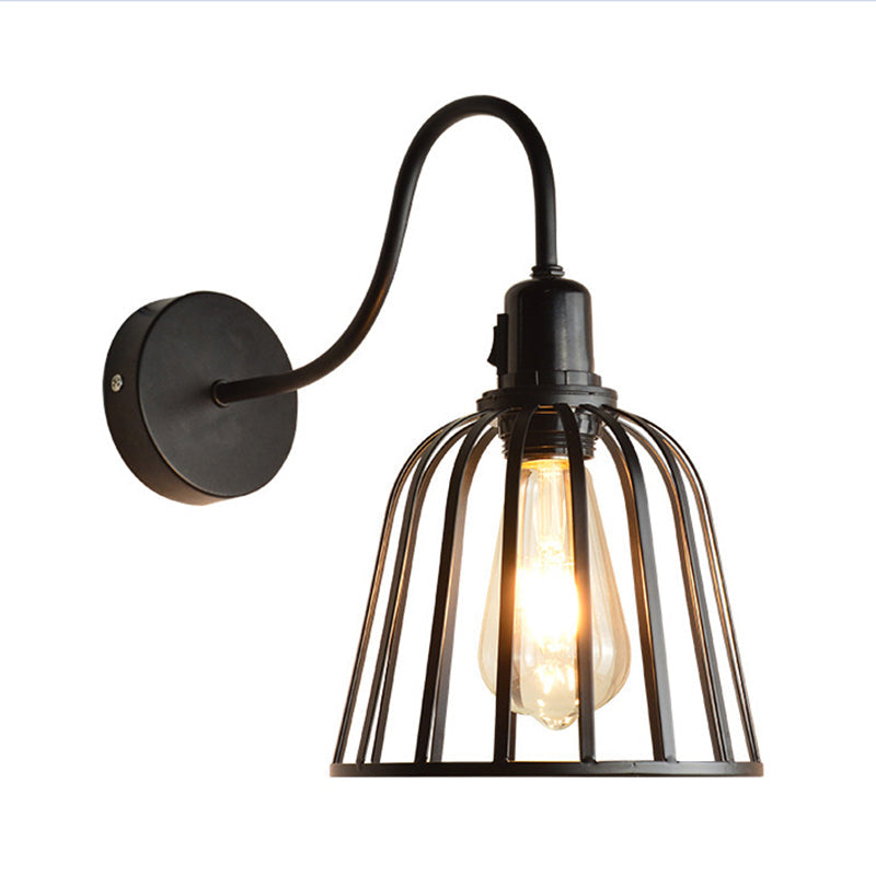 Siopsrl| Gooseneck Arm Metal Wall Light with Bell Cage Shade Retro 1 Light Dining Room Wall Lamp in Black