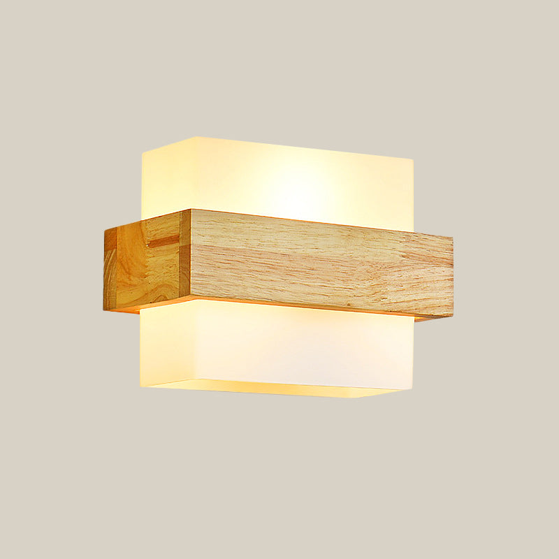 Siopsrl| Cube Wall Mount Light Fixture Minimalism Opal Glass 1 Main Color Beige Surface Wall Lamp with Wooden Detail