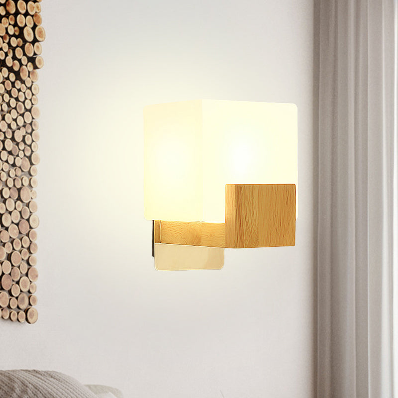 Siopsrl| Cube Wall Mount Light Fixture Minimalism Opal Glass 1 Main Color Beige Surface Wall Lamp with Wooden Detail