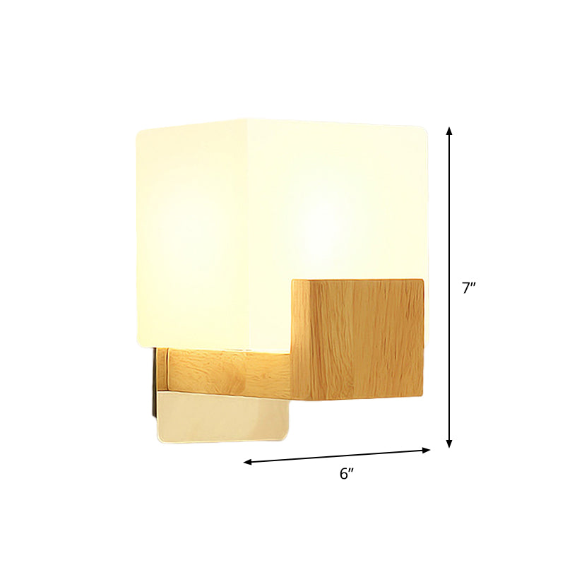 Siopsrl| Cube Wall Mount Light Fixture Minimalism Opal Glass 1 Main Color Beige Surface Wall Lamp with Wooden Detail