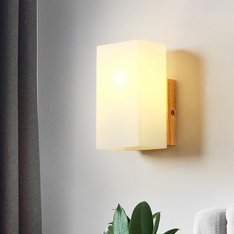 Siopsrl| Cube Wall Mount Light Fixture Minimalism Opal Glass 1 Main Color Beige Surface Wall Lamp with Wooden Detail