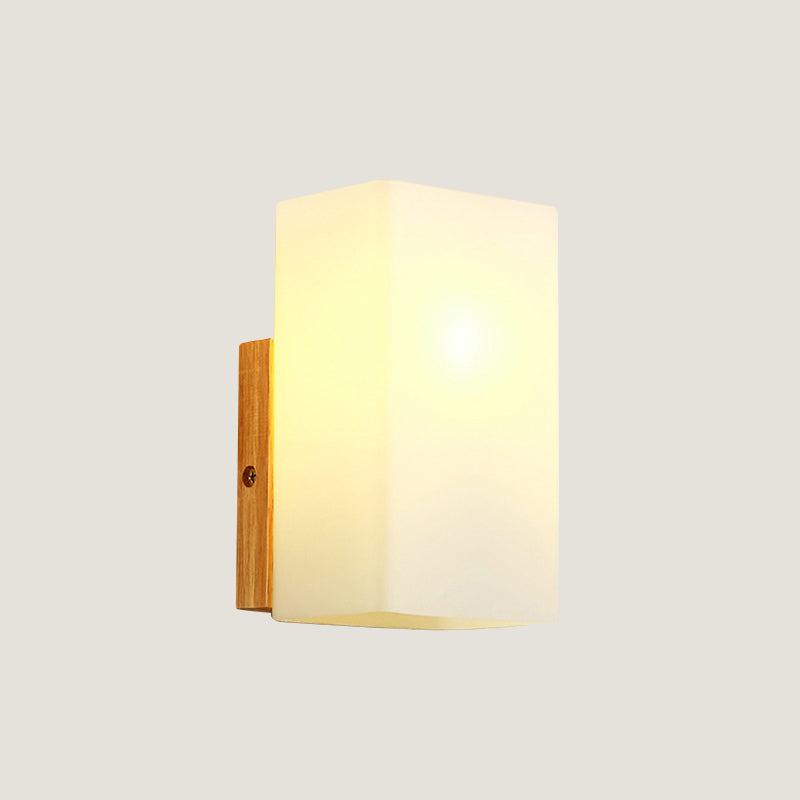 Siopsrl| Cube Wall Mount Light Fixture Minimalism Opal Glass 1 Main Color Beige Surface Wall Lamp with Wooden Detail