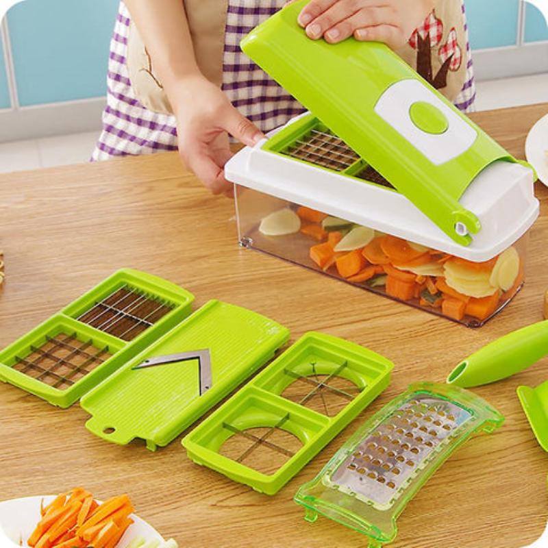 Siopsrl| CutMate Multifunctional Vegetable Cutter 12-in-1 | With Collection Container & Finger Guard | Stainless Steel Blades | Compact & Safe