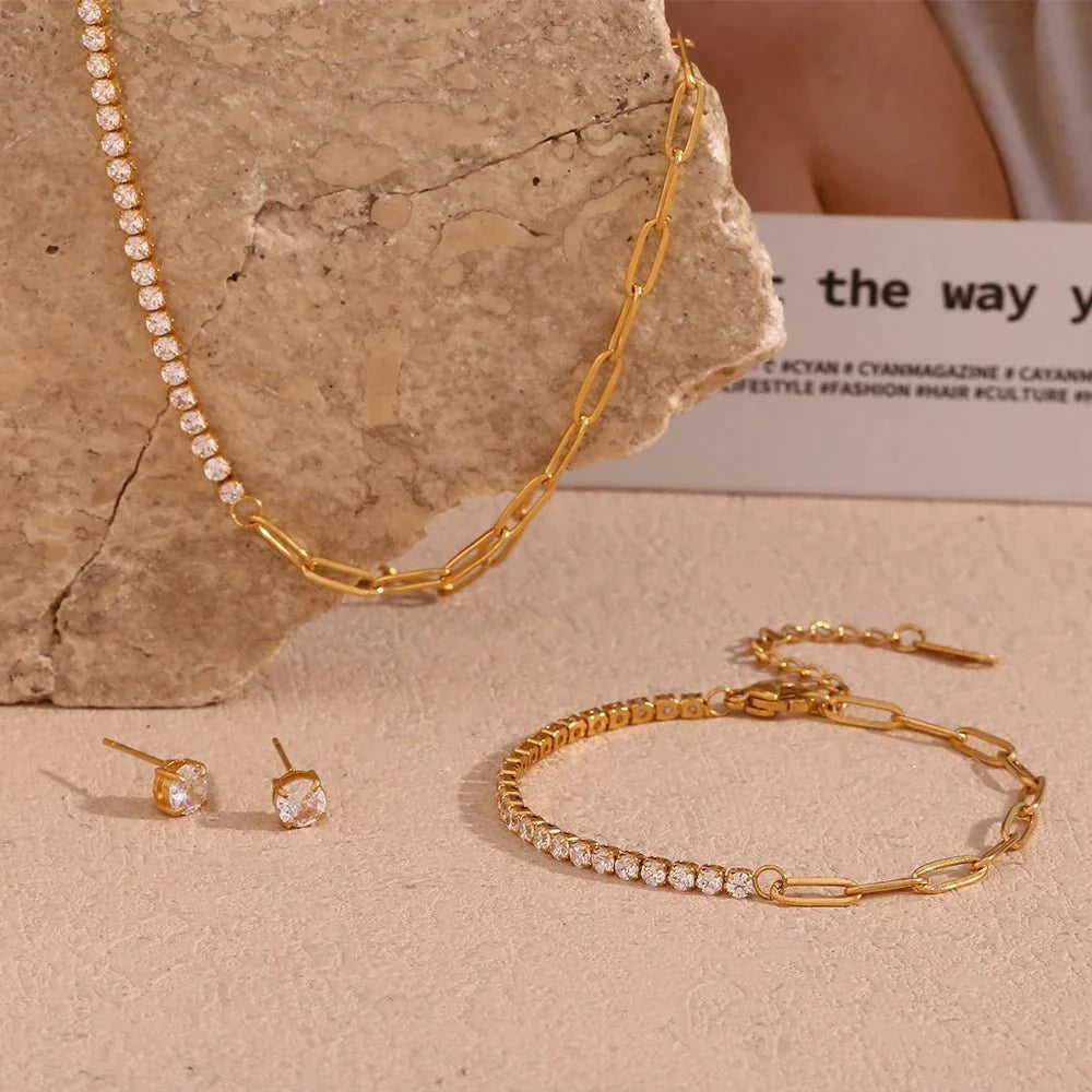 Siopsrl| 18k Paperclip Chain Tennis Necklace, Bracelet, and Earrings