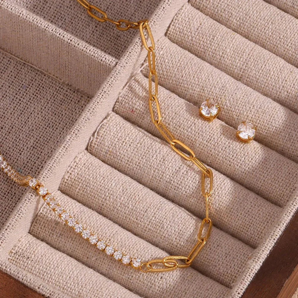 Siopsrl| 18k Paperclip Chain Tennis Necklace, Bracelet, and Earrings
