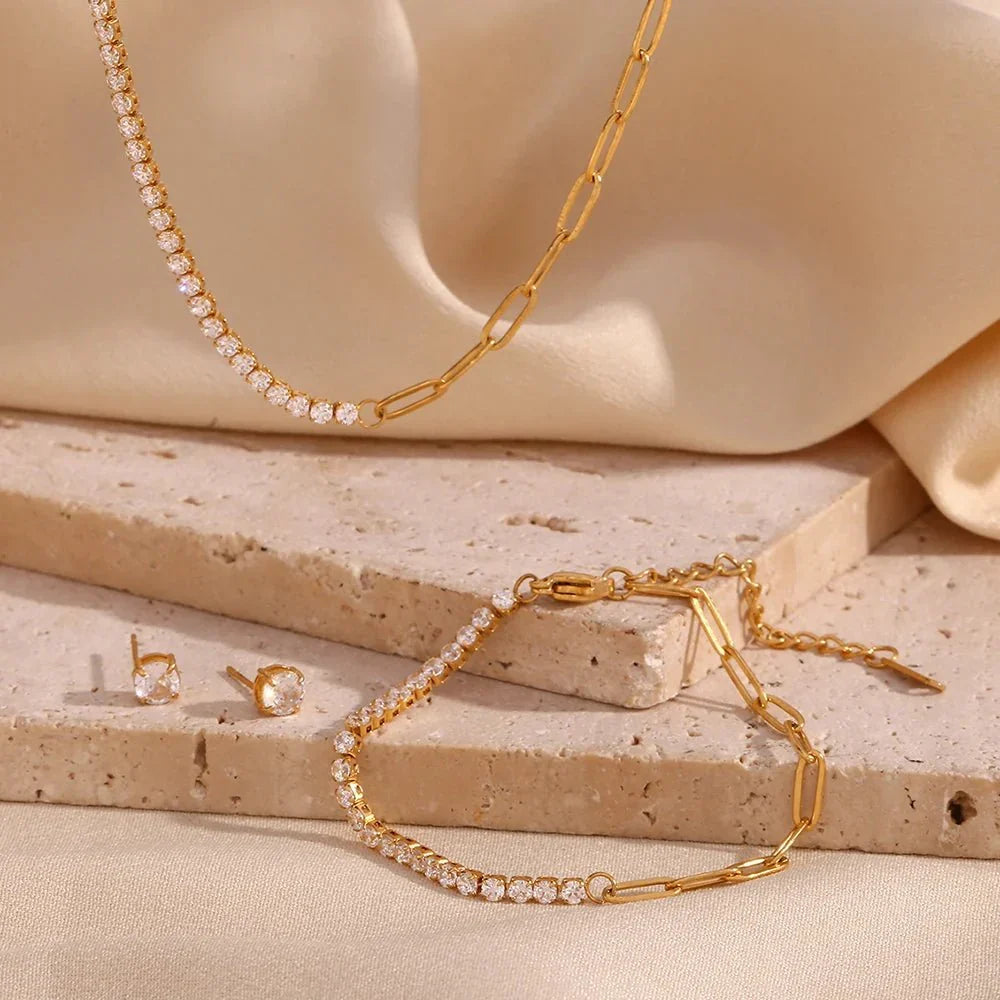 Siopsrl| 18k Paperclip Chain Tennis Necklace, Bracelet, and Earrings