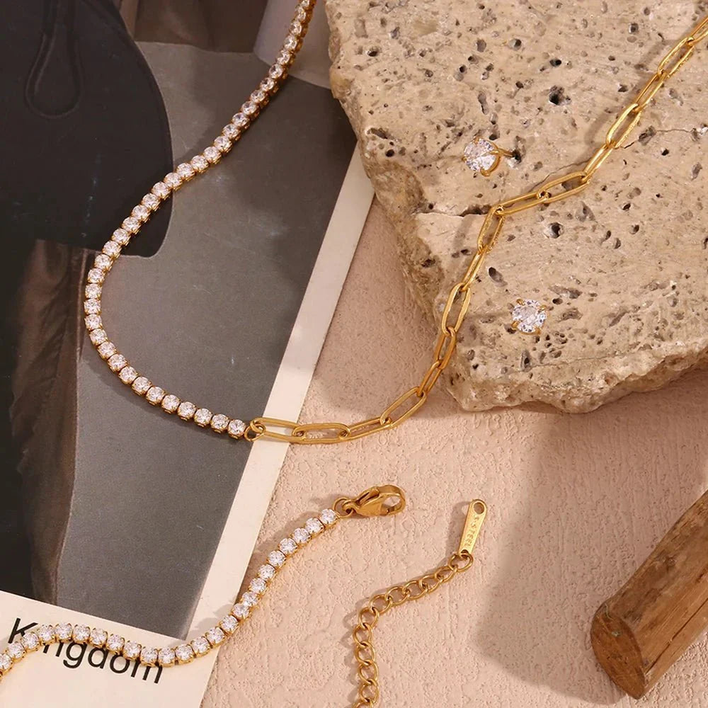 Siopsrl| 18k Paperclip Chain Tennis Necklace, Bracelet, and Earrings