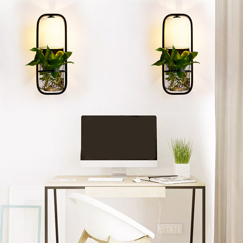 Siopsrl| 1 Bulb Cylindrical Wall Lamp Lodge Black/White/Gold Fabric Wall Light with Warm/White Light and Plant Pot