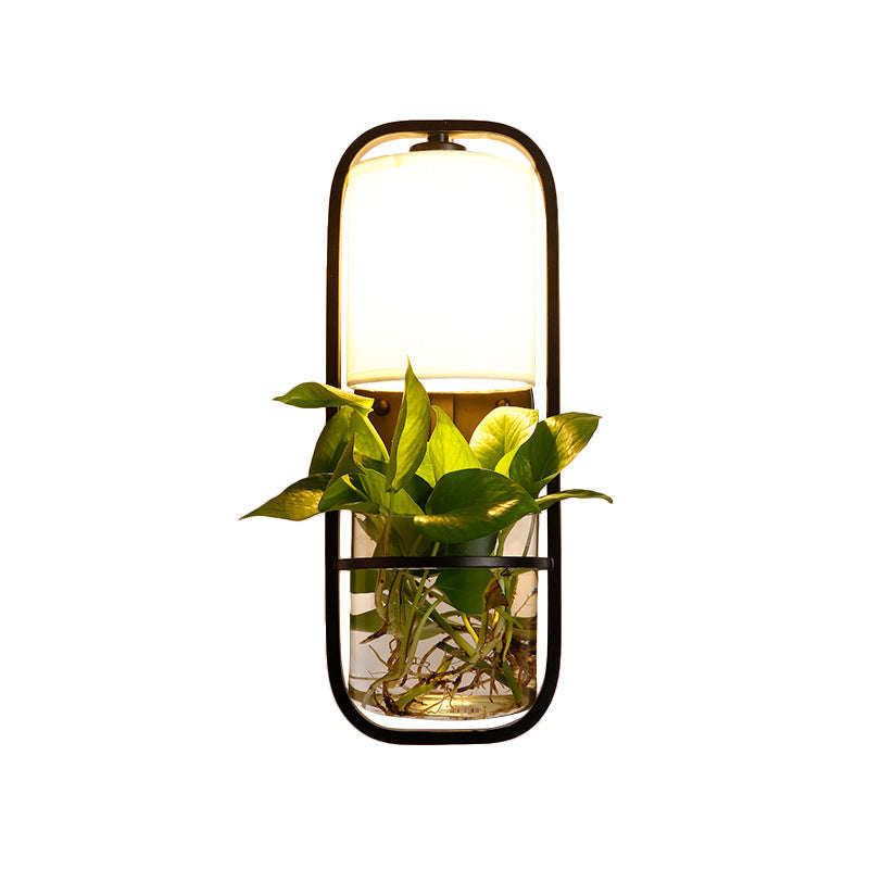 Siopsrl| 1 Bulb Cylindrical Wall Lamp Lodge Black/White/Gold Fabric Wall Light with Warm/White Light and Plant Pot
