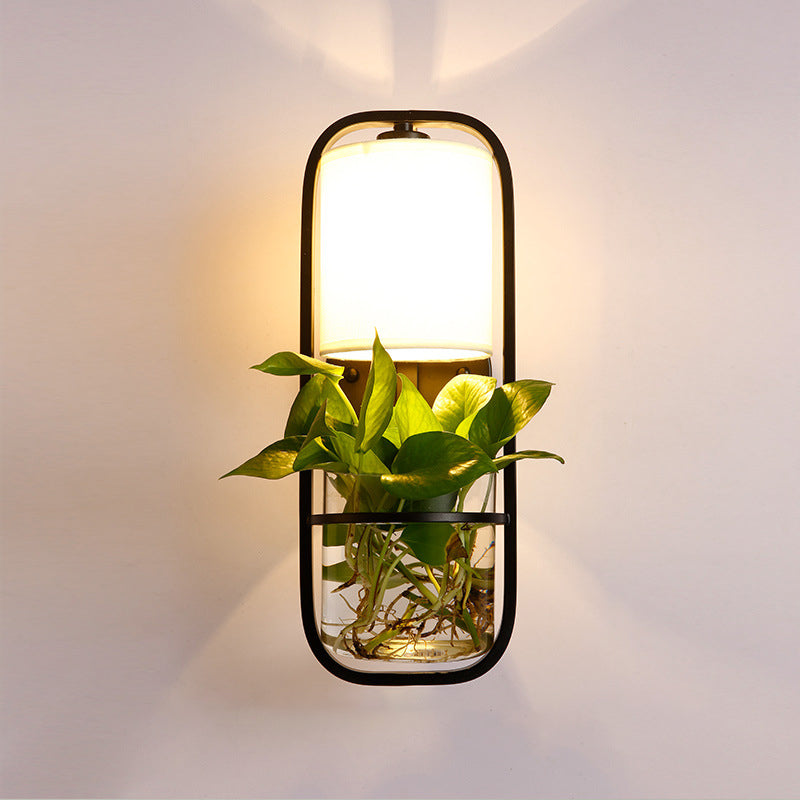 Siopsrl| 1 Bulb Cylindrical Wall Lamp Lodge Black/White/Gold Fabric Wall Light with Warm/White Light and Plant Pot