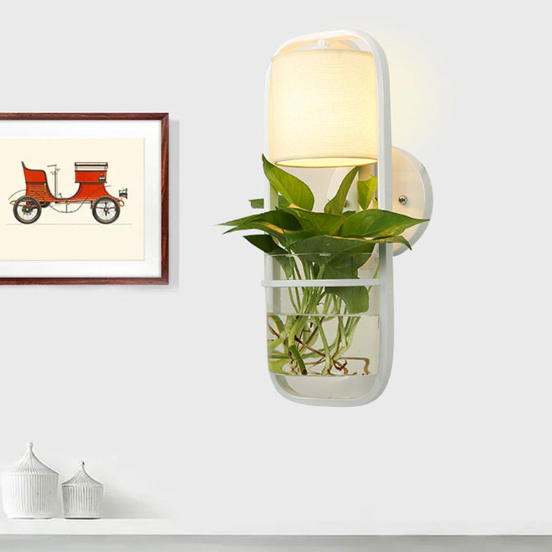 Siopsrl| 1 Bulb Cylindrical Wall Lamp Lodge Black/White/Gold Fabric Wall Light with Warm/White Light and Plant Pot