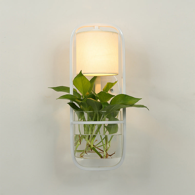 Siopsrl| 1 Bulb Cylindrical Wall Lamp Lodge Black/White/Gold Fabric Wall Light with Warm/White Light and Plant Pot