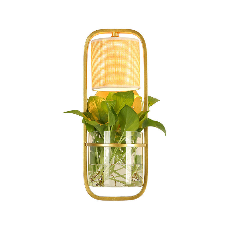 Siopsrl| 1 Bulb Cylindrical Wall Lamp Lodge Black/White/Gold Fabric Wall Light with Warm/White Light and Plant Pot