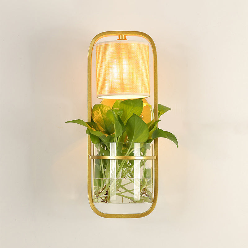 Siopsrl| 1 Bulb Cylindrical Wall Lamp Lodge Black/White/Gold Fabric Wall Light with Warm/White Light and Plant Pot