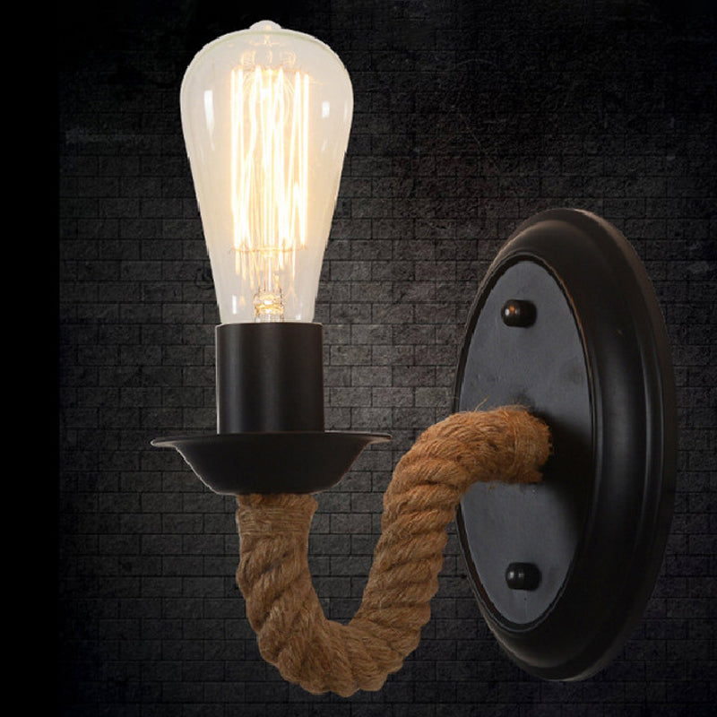 Siopsrl| Black 1 Bulb Wall Lamp Fixture Lodge Metal Oval/Round Back Plate Wall Light with Curved Rope Arm