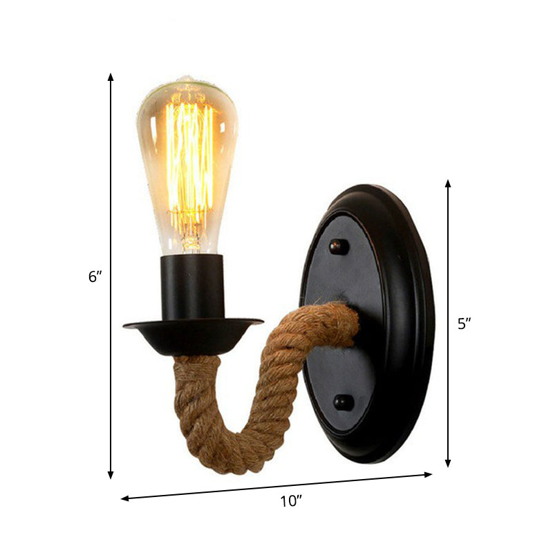 Siopsrl| Black 1 Bulb Wall Lamp Fixture Lodge Metal Oval/Round Back Plate Wall Light with Curved Rope Arm